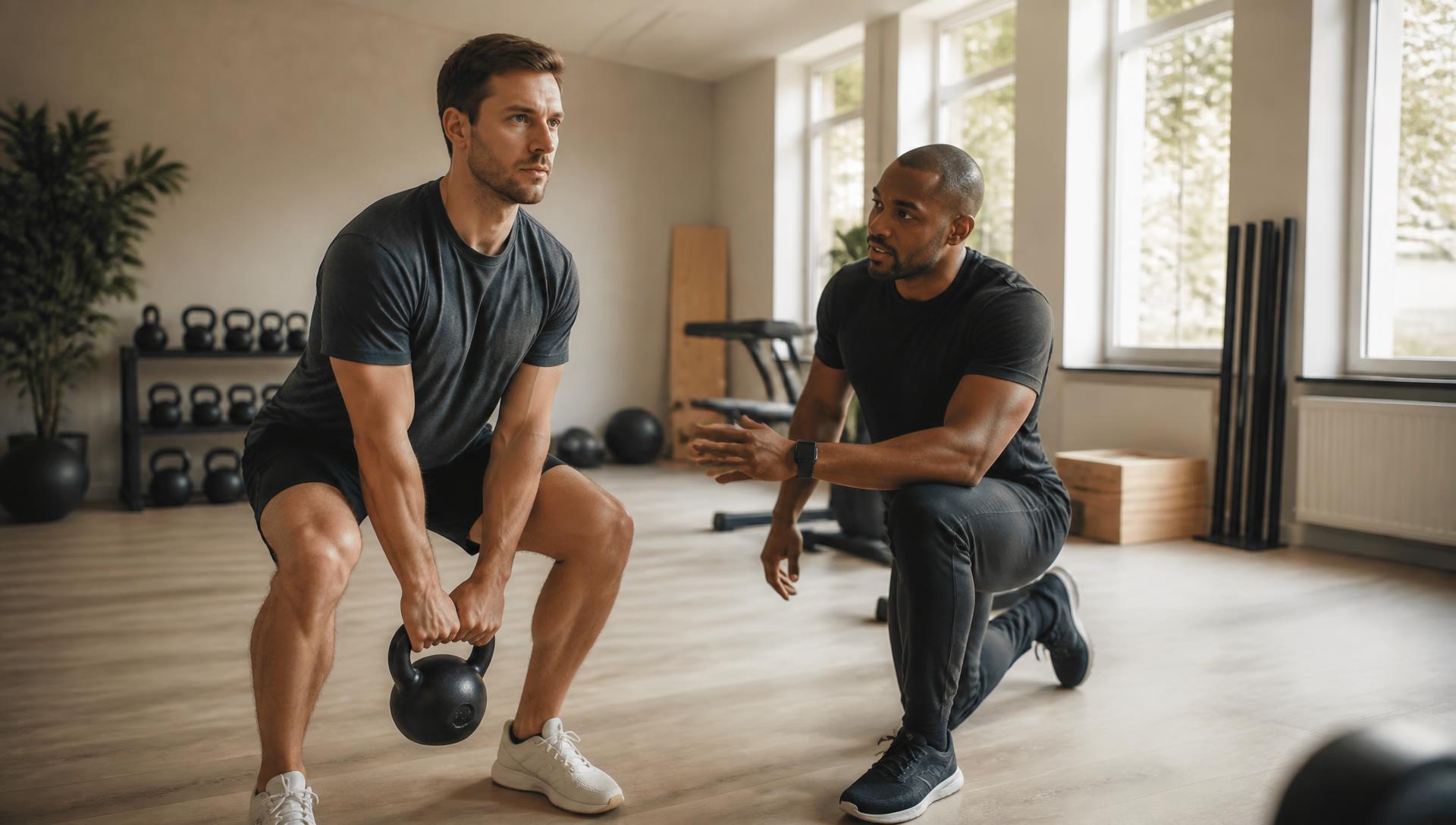 A coach guiding a client through a kettlebell exercise in a bright gym