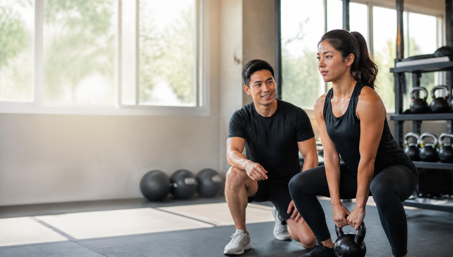 A personal trainer guiding a client through a kettlebell exercise in a bright gym